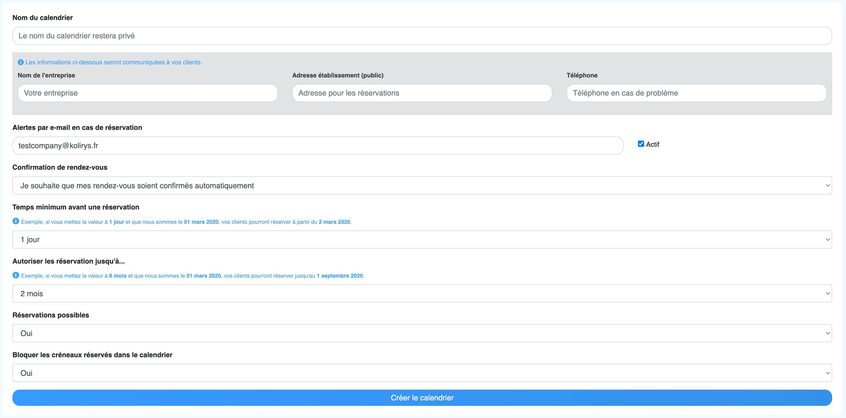 Configuration des rendez-vous en ligne