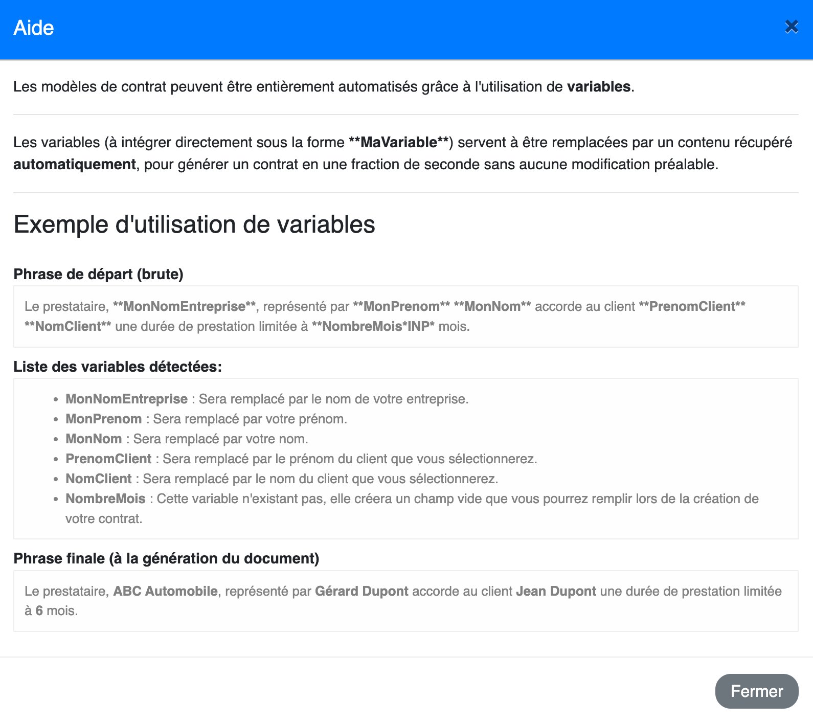 Création de modèle de contrat avec variables