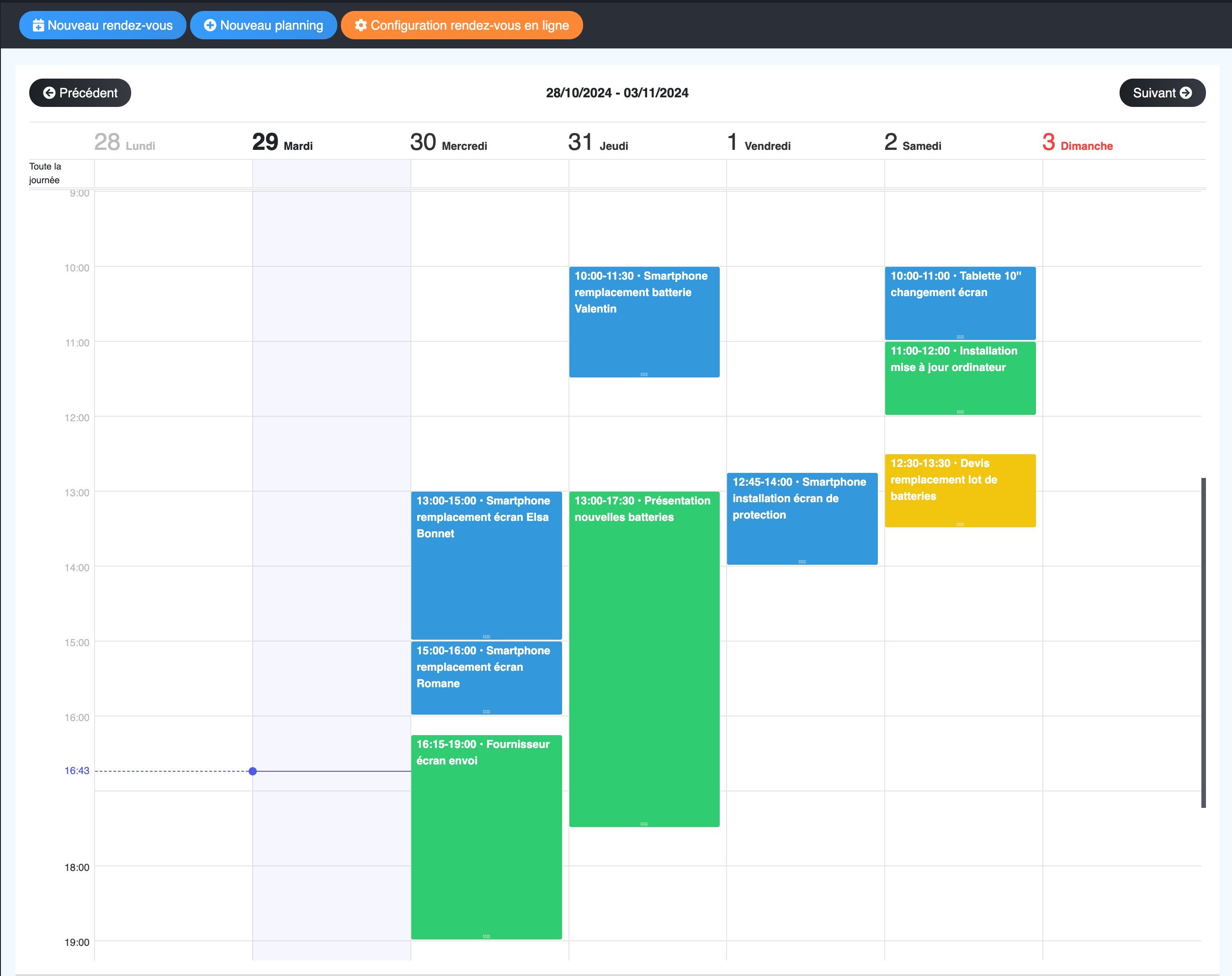 Interface du planning